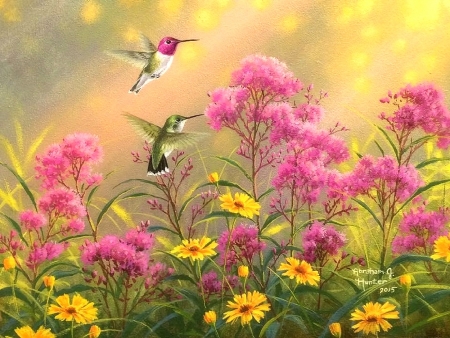 Hummingbirds & Wildflowers - animals, hummingbirds, summer, love four seasons, flowers, paintings, cute, wildflowers, lovely flowers, birds