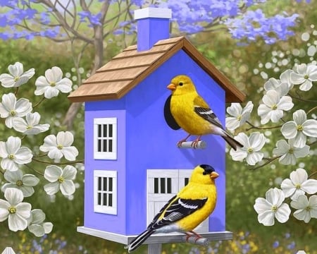 Goldfinch Garden - animals, goldfinches, spring, love four seasons, birdhouse, flowers, garden, cute, lovely flowers, birds