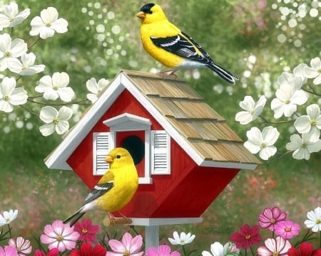 Red Birdhouse - lovely flowers, birds, spring, birdhouse, flowers, garden, cute, goldfinches, love four seasons, animals