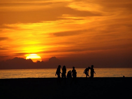 Sunset on the Beach - people, bird, clouds, sun