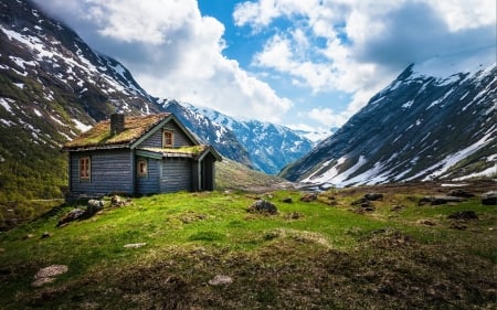 The Cabin - clouds, house, cabin, beautiful, snow, architecture, nature, mountains, sky