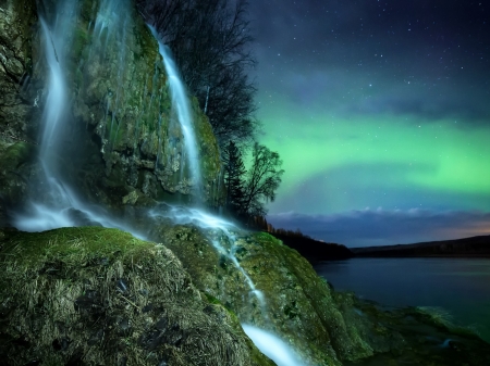 Northen  Lights - trees, landscape, night, stars, river, nature, waterfall, lights, lake, mountains