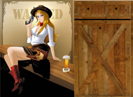 Wanted Cowgirl - girls, women, style, fun, models, female, cowgirls, boots, hats, drawing, western, art, blondes, guns