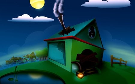 3D HOUSE - fence, clouds, smoke, moon, house, 3d, trees