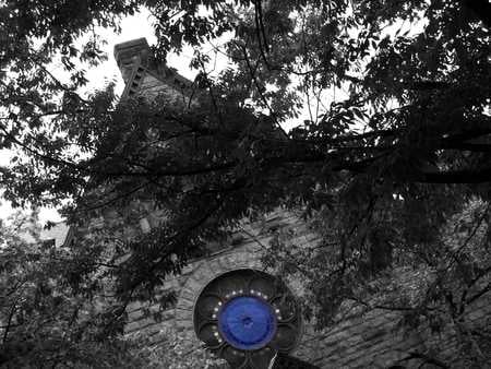 Blue Rosary Window - stained, glass, rosary, window, church, facade