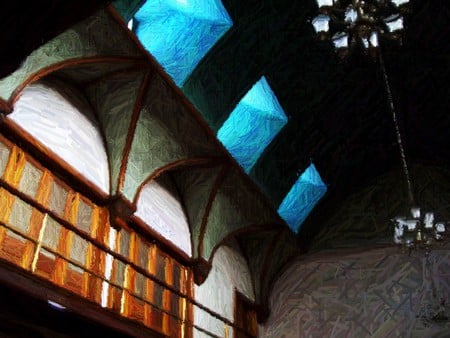 Blue Windows - stained, light church, window, balcony, glass