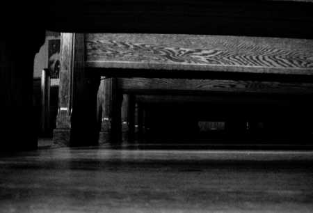 Under the Pew - wooden church, pew, underneath