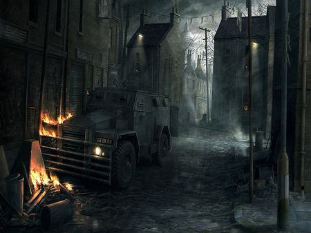 Post War Halloween - truck, jack o lantern, fire, crashed, flame, city, buildings, dark