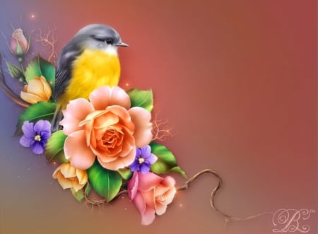 Spring tones - summer, cute, bird, flowers, spring, sweet, art, roses, little, branch, colorful