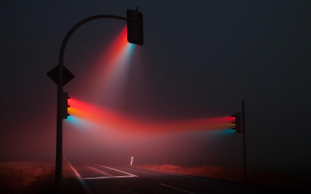 Traffic Lights Fog - nature, nighttime, traffic lights, roads, fog