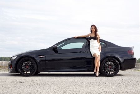 Car and Girl - style, female, bmw, black, model, car, pretty, beautiful, pose, brunette