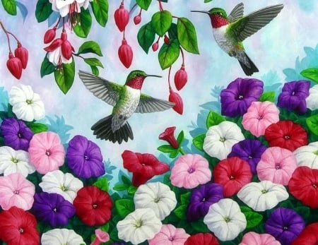 Hummingbirds Heaven - hummingbirds, lovely flowers, birds, paintings, spring, flowers, garden, cute, love four seasons, animals