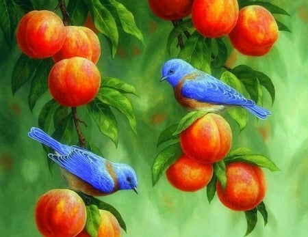 Summer Bluebirds & Peaches - birds, summer, paintings, lovely, flowers, bluebirds, garden, cute, love four seasons, animals