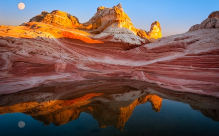 Canyon - lake, reflection, full moon, rocks