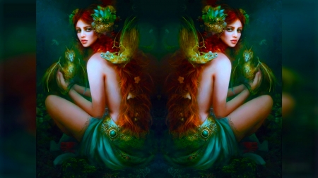 Dragon Lady - beautiful, girl, gemini, fantasy, double, redhead, dragon, lady, digital, woman, art