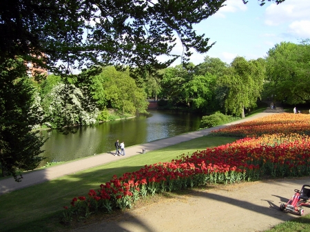 Flower Park - trees, people, river, tulips, path, spring