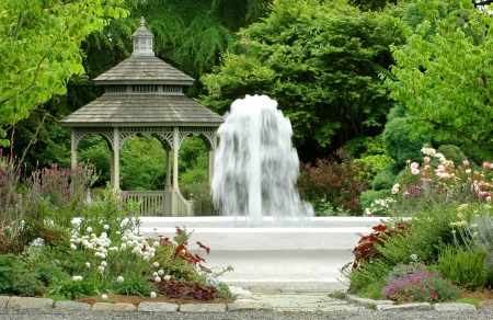 Rose Garden - trees, blossoms, fountain, gazebo, plants