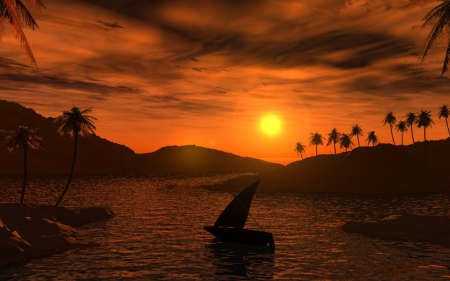 Paradise - hills, sun, artwork, palms, sunset, boat