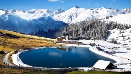 Amazing View - cabin, lake, mountain, snow