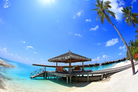 Maldives - maldives, sky, palm trees, sun, bungalows, vacation, nature, holiday, sand, sea