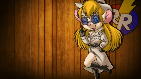 Detective Gadget Hackwrench - female, furry, anthro, chip n dale rescue rangers, cartoons, gadget hackwrench, cute, fedora, girl, tv series, boots, gloves, disney afternoon, kawaii, shades, disney, mouse, coat, blonde