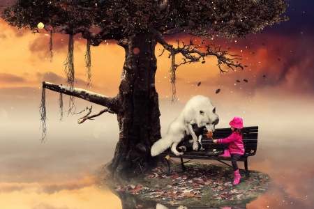 Sweet Treats - hat, clouds, kid, branches, Autumn, fog, boots, wolf, Fall, girl, sucker, child, leaves, tree, lollipop, bench