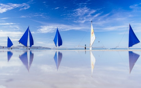 Boats Reflection in the Water - water, boats, reflection, sea