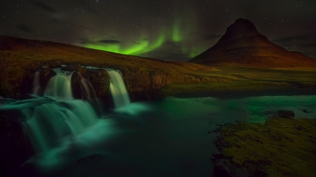 Northern lights - night, waterfall, lights, snow