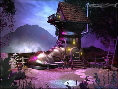 Fairy's Home - flowers, house, door, shoe, artwork, cat