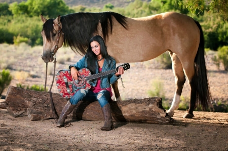 A Cowgirls Favorite Things - guitar, trees, horse, cowgirl, log, boots