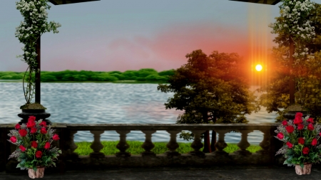 ~*~ Balcony View ~*~ - roses, trees, sunset, nature, HD wallpaper, landscape, lake