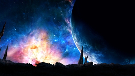 Event Horizon - 3D render, space, planets, moons, multicolor, Event Horizon