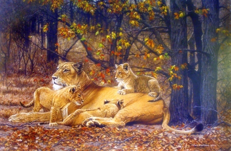 Lioness and Cubs - lions, wildlife, love four seasons, animals, draw and paint, family, paintings