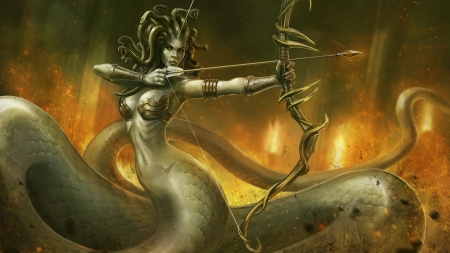 Medusa - yellow, archer, snake, girl, gorgona, light, tail, medusa, fantasy, fire, woman, golden, art