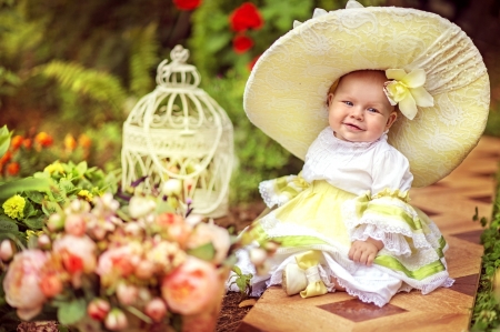 Little beauty - beauty, hat, girl, summer, rose, cage, yellow, baby, orange, garden, little, flower