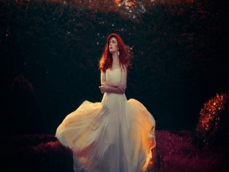 Girl in the Forest - night, white dress, girl, forest