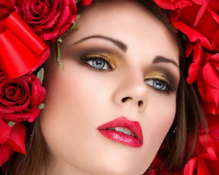 Pretty Face - flowers, face, red, woman