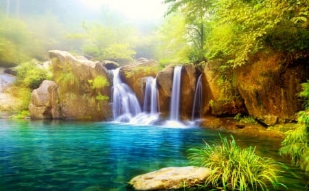 Rocks waterfall - lake, trees, cascades, summer, waterfall, exotic, mist, rocks, forest, beautiful