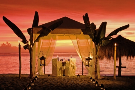 Romance - dinner, sunset, beach, evening, romance, candles, ocean, tent