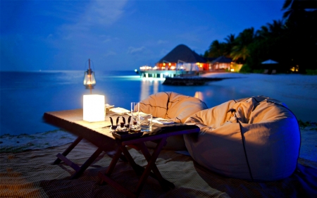 Romantic Beach - ocean, lake, beach, trees, glasses, nature, lantern, sea, lights