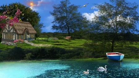 ~*~ Peaceful Cottage ~*~ - hd wallpaper, landscape, flowers, cottage, blue sky, lake, swans, trees, nature, birds