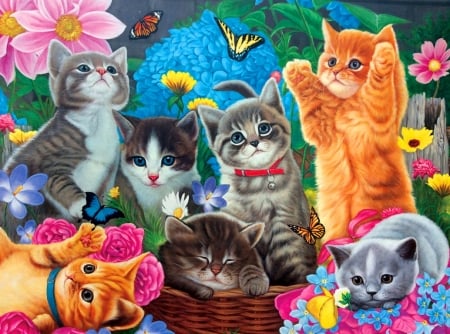 Playtime in the garden - play, sweet, flowers, basket, colorful, kittens, funny, garden, cute, cats, adorable