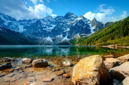 Landscape with mountain and lake - lake, sky, landscape, mountain, hills, trees, shore, peak, rocks, reflection, beautiful, snowy, cliffs