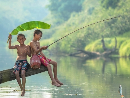 Happy Boys Go Fishing on the River - fish, summer, children, river