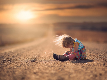 Cute Baby Girl on the Road - child, sunset, girl, road