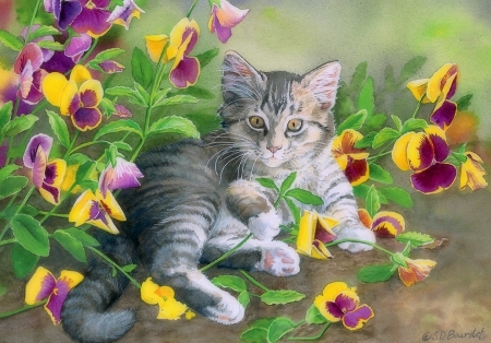 Playing in the Garden - animals, summer, nature, love four seasons, cats, paintings, flowers, garden, lovely flowers