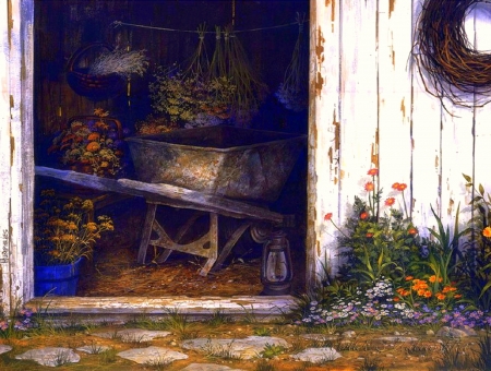 Old Faithful - flowers, lovely still life, paintings, old, wagon, old warehouses, love four seasons, draw and paint