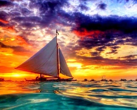 DARK CLOUDS at SUNSET - beaches, landscape, sunset, wave, nature, oceans, clouds, splendor, sunrays, sea, boat