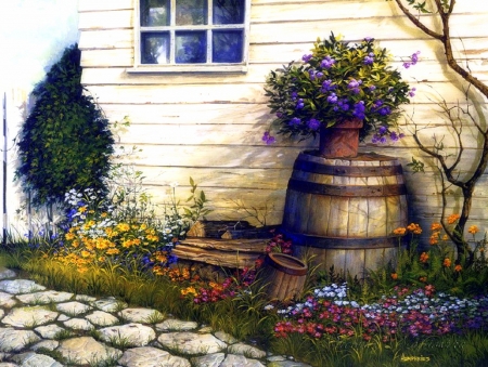 Springtime - flowers, pots, lovely still life, paintings, garden, spring, love four seasons, draw and paint