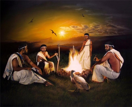 'Once upon a time....in ancient civilization'.... - ancient, fire, men, birds